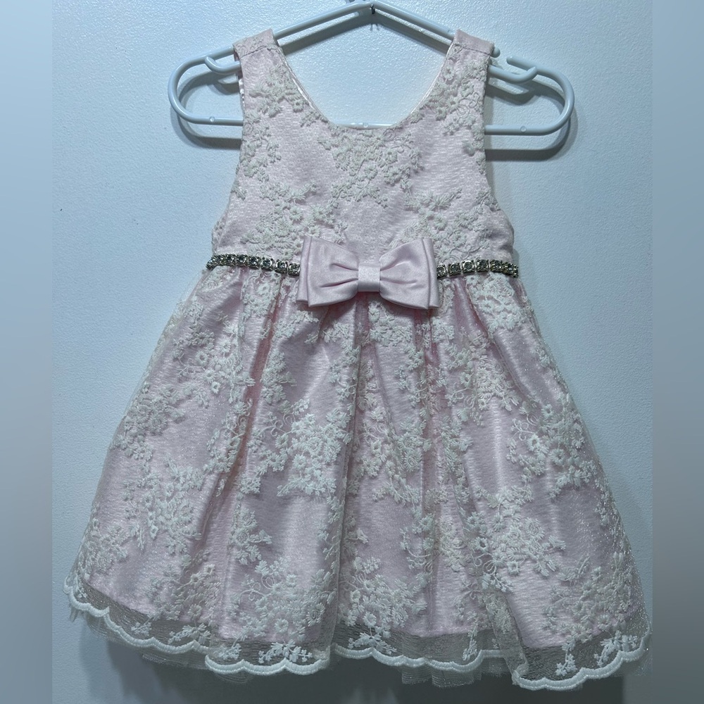 American Princess Pink Lace Dress w/ Front Bow & Rhinestone waist Size  24months